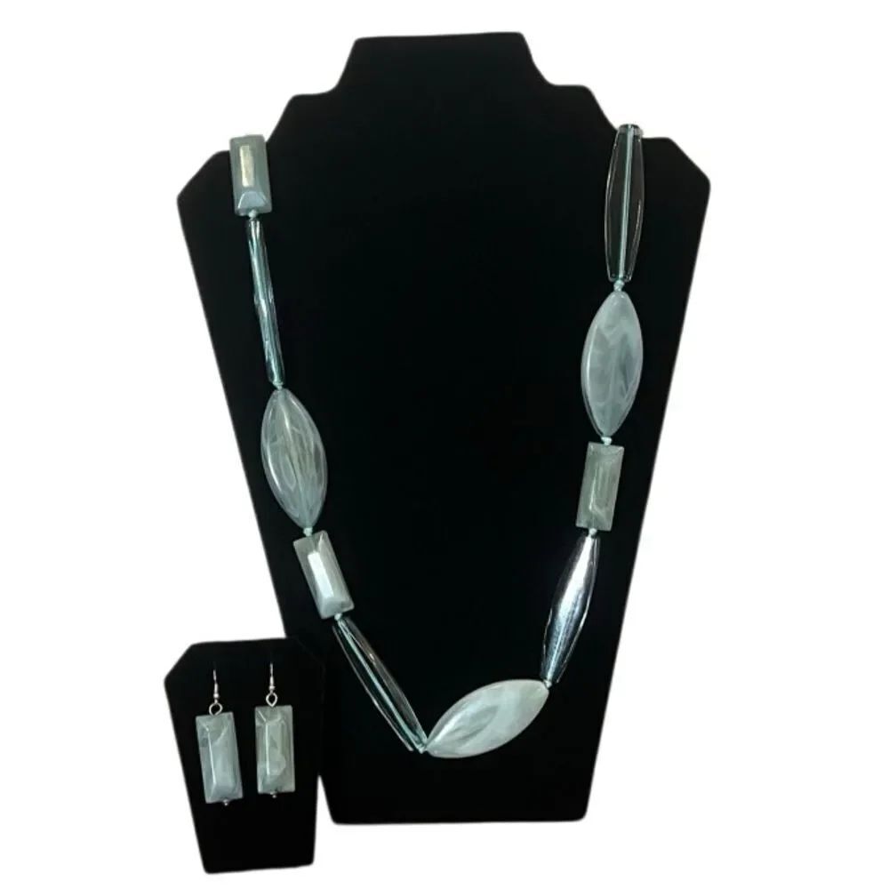 Elegant Long Geometric Beaded Statement Necklace w/ Earrings Set